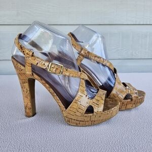 Ralph Lauren Filara Natural Glazed Cork Platform Heeled Sandals Women SZ 9B